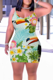 Dark Green Floral Leaf Print Sleeveless Backless Bodycon Casual Outing Plus Size Mini Slip Dresses