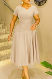 Apricot V Neck Short Sleeve A-line Fitted Casual Party Evening Maxi Dresses