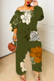 Grey Graphic Floral Print Off Shoulder Long Lantern Sleeve Loose Plus Size Overall Jumpsuits