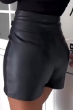 Black PU Leather Casual High Waist Wrap Metal Ring Skorts Shorts