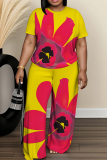 Black Floral Print O Neck Short Sleeve T-shirt and Wide Leg Pants Casual Outing Two Piece Trouser Sets