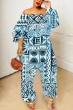 Green Graphic Print Off Shoulder Long Lantern Sleeve Loose Plus Size Overall Jumpsuits