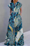 Blue Plant Floral Print V Neck Short Sleeve Waisted Casual Party Vacation Plus Size Wide Leg Jumpsuits