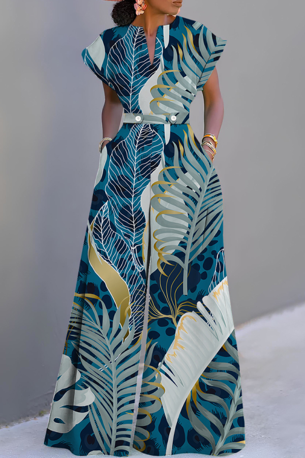 Blue Plant Floral Print V Neck Short Sleeve Waisted Casual Party Vacation Plus Size Wide Leg Jumpsuits