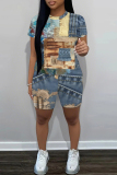 Dark Blue Faux Denim Print O Neck Short Sleeve T-shirt and Skinny Shorts Casual Outing Plus Size Two Piece Short Sets
