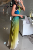 Green Gradient Print Sleeveless Tie-back Backless Cut Out Pleated Casual Party Vacation Halter Maxi Dresses