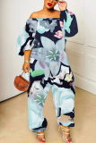Grey Graphic Floral Print Off Shoulder Long Lantern Sleeve Loose Plus Size Overall Jumpsuits