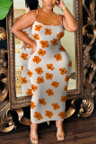 Orange Floral Print Sleeveless Backless Bodycon Casual Party Vacation Plus Size Maxi Slip Dresses