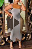 Dark Blue Colorblock Print Sleeveless Backless Bodycon Casual Party Vacation Plus Size Maxi Slip Dresses
