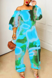 Grey Graphic Floral Print Off Shoulder Long Lantern Sleeve Loose Plus Size Overall Jumpsuits
