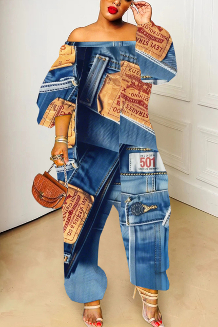 Dark Blue Faux Denim Print Off Shoulder Long Lantern Sleeve Loose Plus Size Overall Jumpsuits