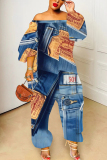 Dark Blue Faux Denim Print Off Shoulder Long Lantern Sleeve Loose Plus Size Overall Jumpsuits