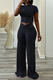 Black Casual Half A Turtleneck Short Sleeve T-shirt and Wide Leg Pants Two Piece Trouser Sets