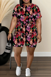 Orange Graphic Print O Neck Short Sleeve T-shirt and Skinny Shorts Casual Outing Plus Size Two Piece Short Sets