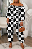Black Geometric Print Off Shoulder Long Lantern Sleeve Loose Casual Vacation Harem Jumpsuits