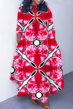Red Graphic Plaid Floral Print O Neck 3/4 Sleeve Belted Fitted A-line Casual Vacation Plus Size Maxi Dresses