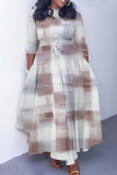 Red Graphic Plaid Floral Print O Neck 3/4 Sleeve Belted Fitted A-line Casual Vacation Plus Size Maxi Dresses