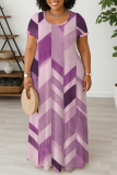 Rose Purple Casual Floral Print U Neck Short Sleeve Loose Straight Plus Size Maxi Dresses