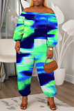 Purple Cyan Abstract Print Off Shoulder Long Lantern Sleeve Loose Casual Vacation Harem Jumpsuits