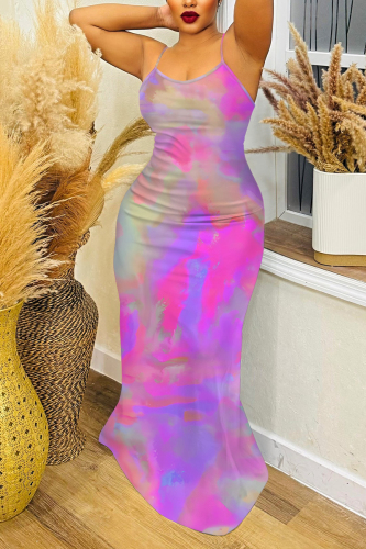 Rose Red Abstract Print Sleeveless Backless Bodycon Casual Party Vacation Plus Size Maxi Slip Dresses