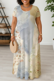 Rose Purple Casual Floral Print U Neck Short Sleeve Loose Straight Plus Size Maxi Dresses
