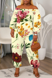 Yellow Horse Floral Print Off Shoulder Long Lantern Sleeve Loose Casual Vacation Harem Jumpsuits