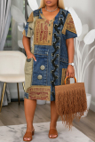Blue Khaki Faux Denim Print V Neck Short Sleeve with Pocket Casual Outing Plus Size Midi T-shirt Dress