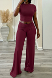 Black Casual Half A Turtleneck Short Sleeve T-shirt and Wide Leg Pants Two Piece Trouser Sets