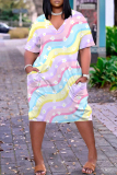 Multicolor Abstract Print V Neck Short Sleeve with Pocket Casual Outing Plus Size Midi T-shirt Dress