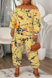 Yellow Horse Floral Print Off Shoulder Long Lantern Sleeve Loose Casual Vacation Harem Jumpsuits