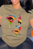 Black Portrait Print O Neck Short Sleeve Casual Outings Women Baggy T Shirt