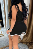 White Contrast Sleeveless Ruffled Wavy Hem Bodycon Casual Outing Mini Vest Dresses