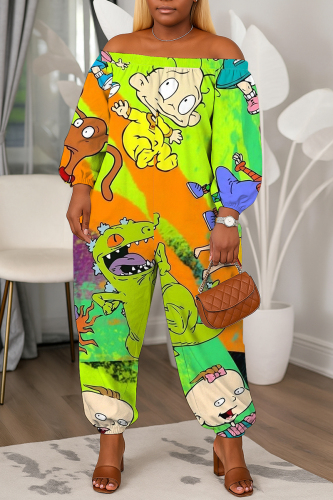 Green Cartoon Print Off Shoulder Long Lantern Sleeve Loose Casual Vacation Harem Jumpsuits