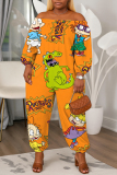 Green Cartoon Print Off Shoulder Long Lantern Sleeve Loose Casual Vacation Harem Jumpsuits