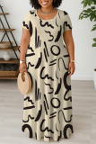 Yellow Casual Graphic Print U Neck Short Sleeve Loose Straight Plus Size Maxi Dresses