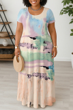 Rose Purple Casual Floral Print U Neck Short Sleeve Loose Straight Plus Size Maxi Dresses
