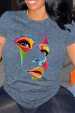 Black Portrait Print O Neck Short Sleeve Casual Outings Women Baggy T Shirt