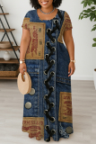 Colors Casual Faux Denim Print U Neck Short Sleeve Loose Straight Plus Size Maxi Dresses