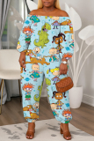 Green Cartoon Print Off Shoulder Long Lantern Sleeve Loose Casual Vacation Harem Jumpsuits