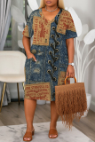 Blue Khaki Faux Denim Print V Neck Short Sleeve with Pocket Casual Outing Plus Size Midi T-shirt Dress