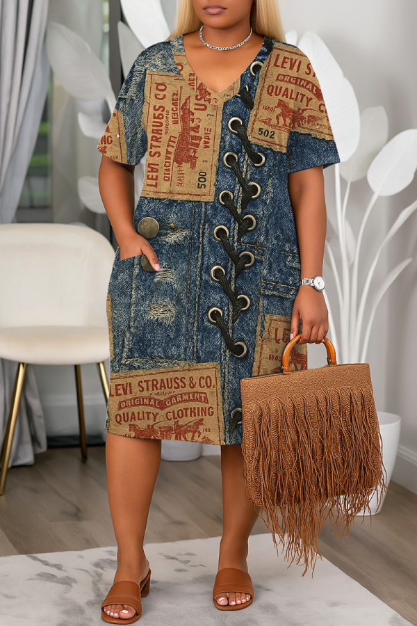 Blue Khaki Faux Denim Print V Neck Short Sleeve with Pocket Casual Outing Plus Size Midi T-shirt Dress