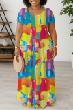 Yellow Casual Graphic Print U Neck Short Sleeve Loose Straight Plus Size Maxi Dresses