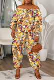 Green Cartoon Print Off Shoulder Long Lantern Sleeve Loose Casual Vacation Harem Jumpsuits