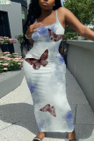 White Butterfly Print Sleeveless Backless Bodycon Casual Party Vacation Plus Size Maxi Slip Dresses