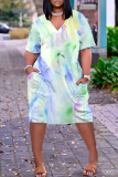 Multicolor Abstract Print V Neck Short Sleeve with Pocket Casual Outing Plus Size Midi T-shirt Dress