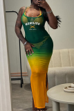 Green Gradient Letters Mesh See-through Side Slit Bodycon Maxi Slip Dresses