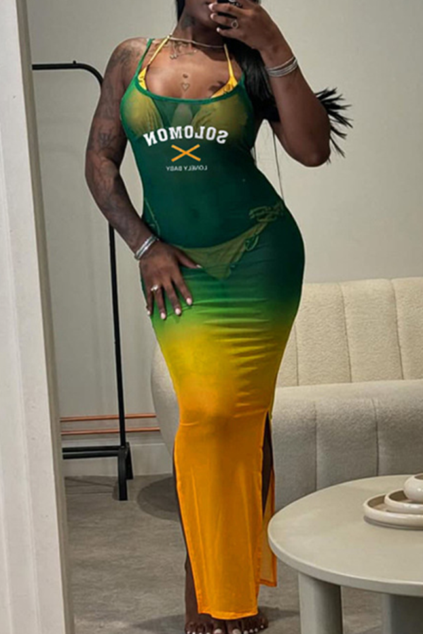 Green Gradient Letters Mesh See-through Side Slit Bodycon Maxi Slip Dresses