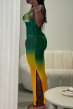 Green Gradient Letters Mesh See-through Side Slit Bodycon Maxi Slip Dresses