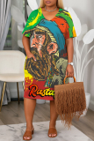 Purple Yellow Figure Print V Neck Short Sleeve with Pocket Casual Outing Plus Size Midi T-shirt Dress