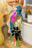 Dark Blue Floral Print Sleeveless Backless Bodycon Casual Party Vacation Plus Size Maxi Slip Dresses